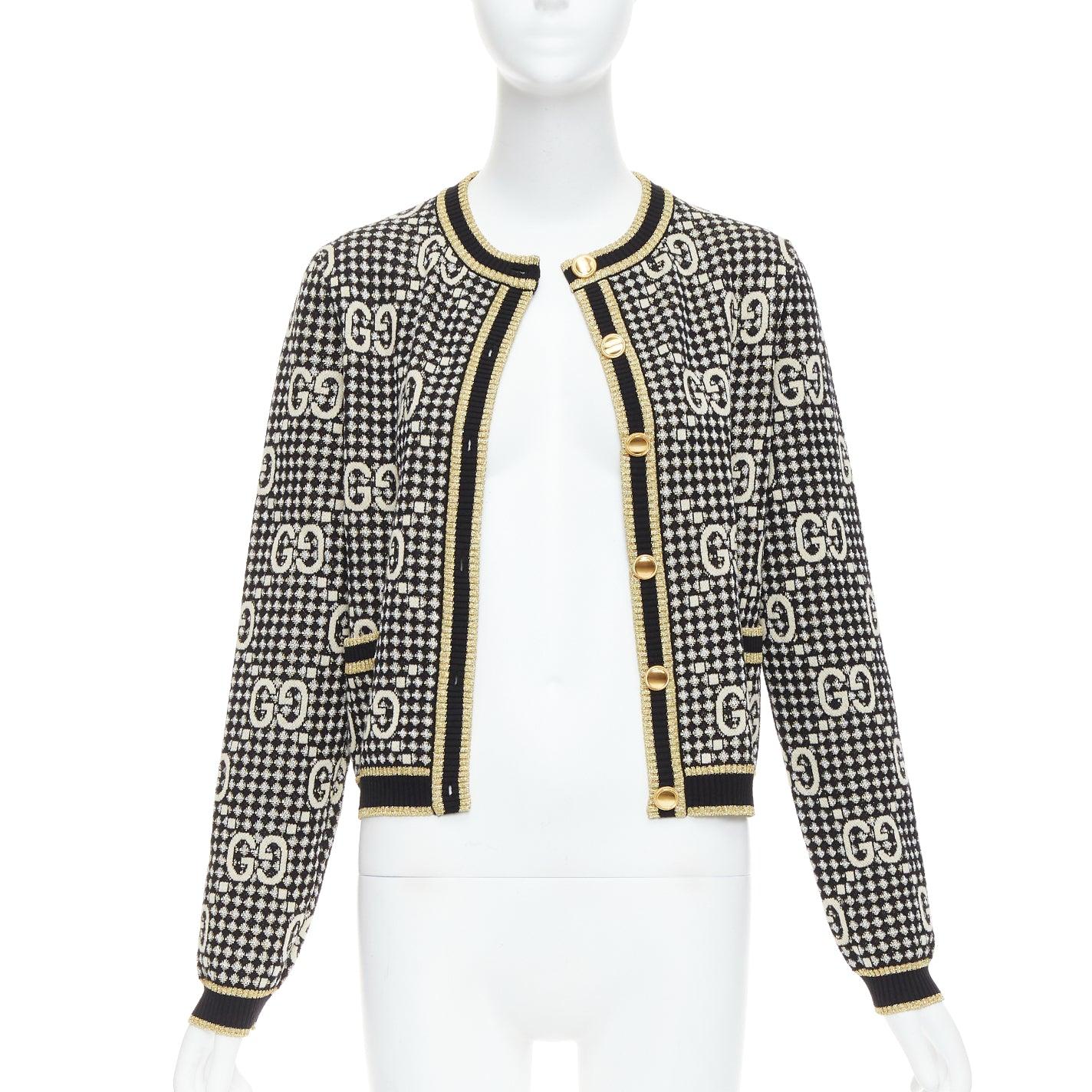 Black GUCCI gold lurex wool blend monogram jacquard preppy cardigan S For Sale
