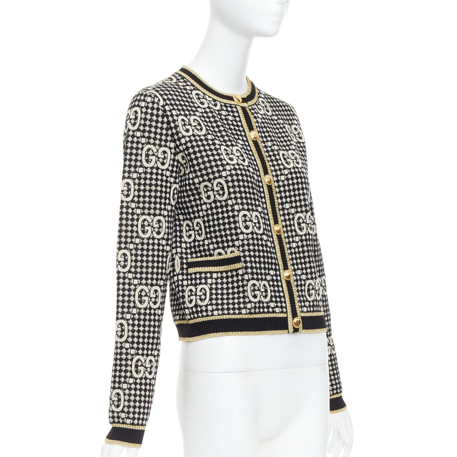 GUCCI gold lurex wool blend monogram jacquard preppy cardigan S In Excellent Condition For Sale In Hong Kong, NT