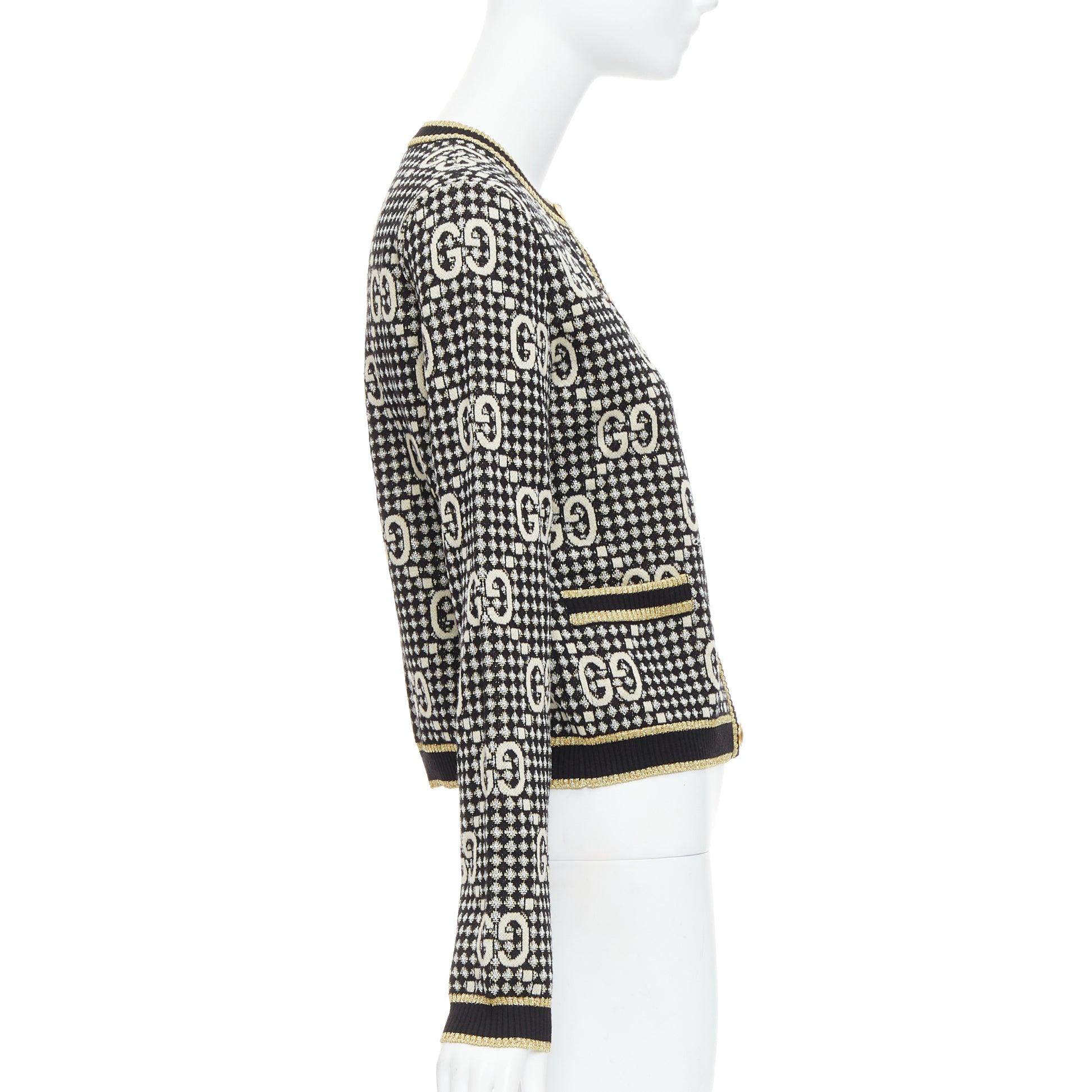 Women's GUCCI gold lurex wool blend monogram jacquard preppy cardigan S For Sale