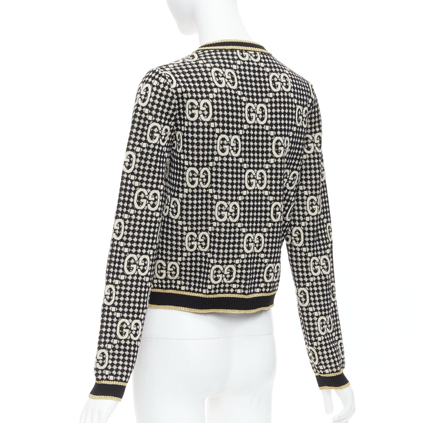 GUCCI gold lurex wool blend monogram jacquard preppy cardigan S For Sale 2