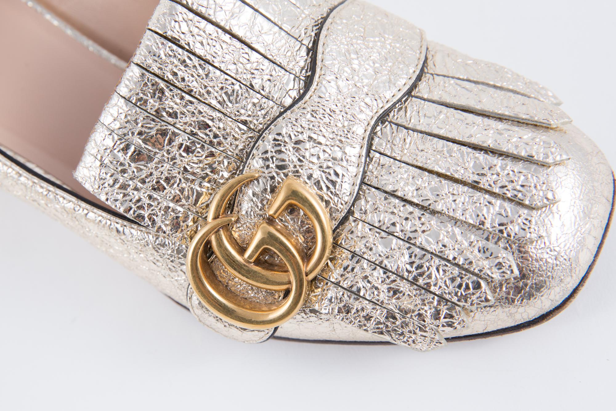 Women's Gucci Gold Marmont Fringe Double G Pumps Shoes 