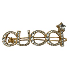 Gucci Gold Metal Crystal Embelleished Logo Hair Clip Barrette