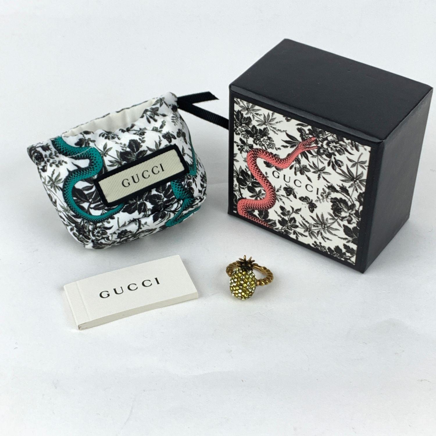 Gucci Gold Metal Embellished Crystal Pineapple Ring Size M Never Worn In New Condition In Rome, Rome