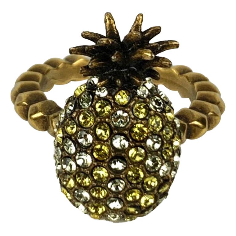 Gucci Gold Metal Embellished Crystal Pineapple Ring Size M Never Worn