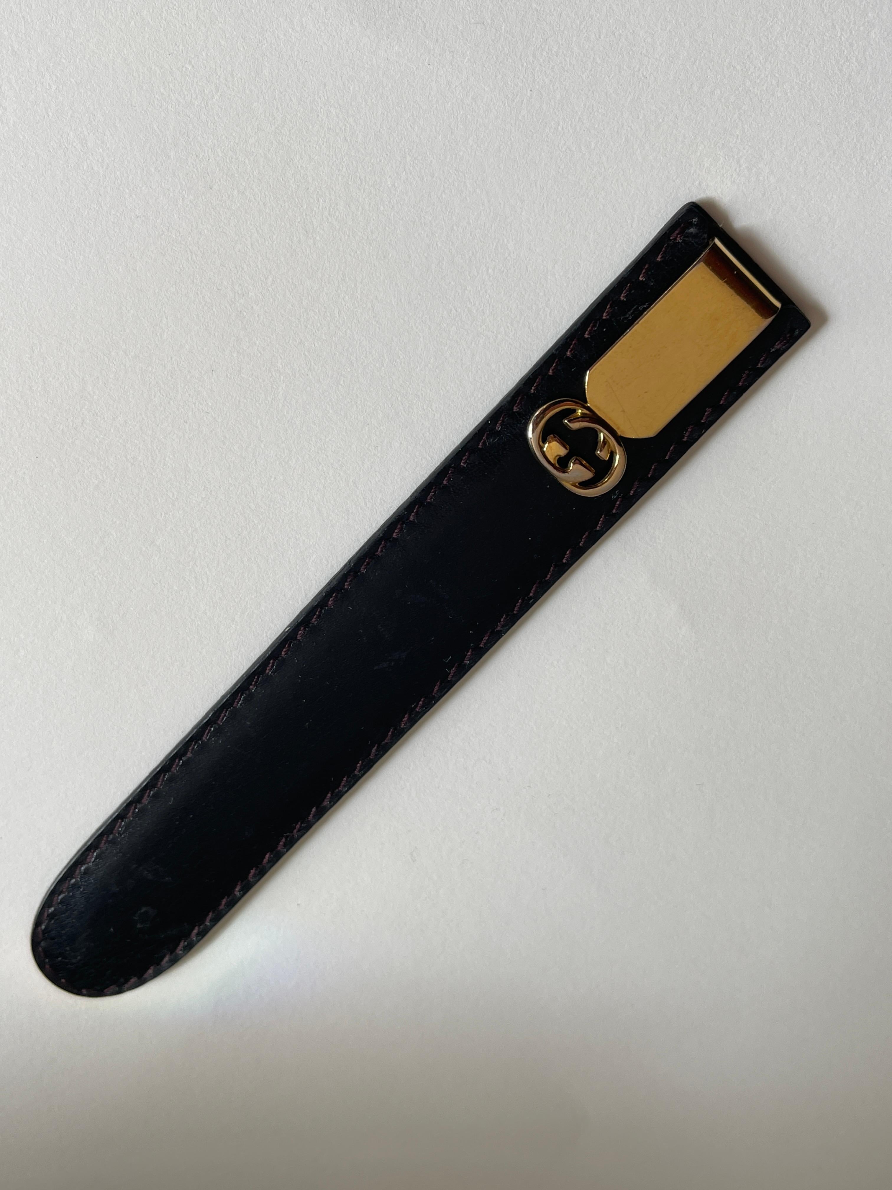 International Style Gucci Gold Metal Letter Opener in Black Leather Case For Sale