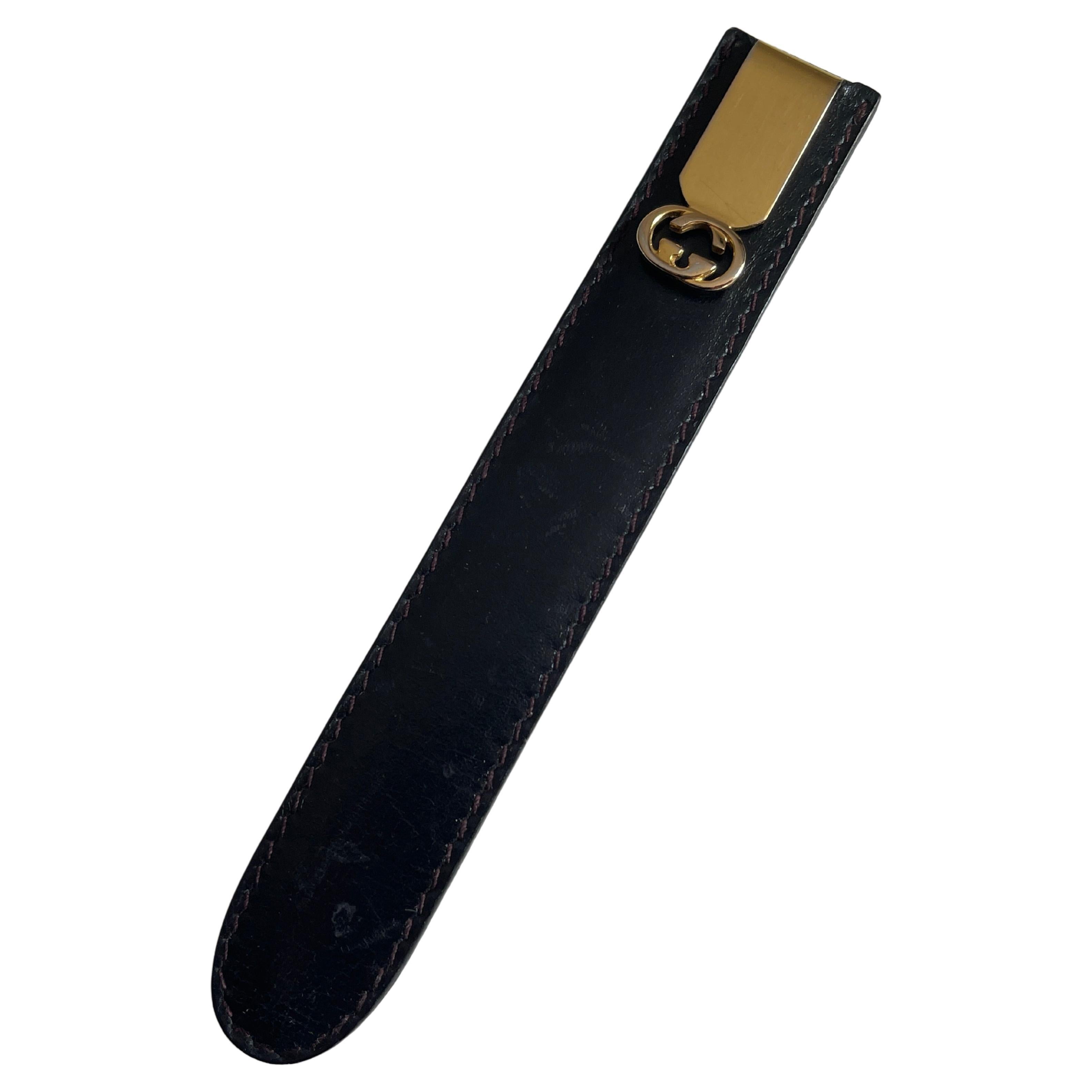 Gucci Gold Metal Letter Opener in Black Leather Case For Sale