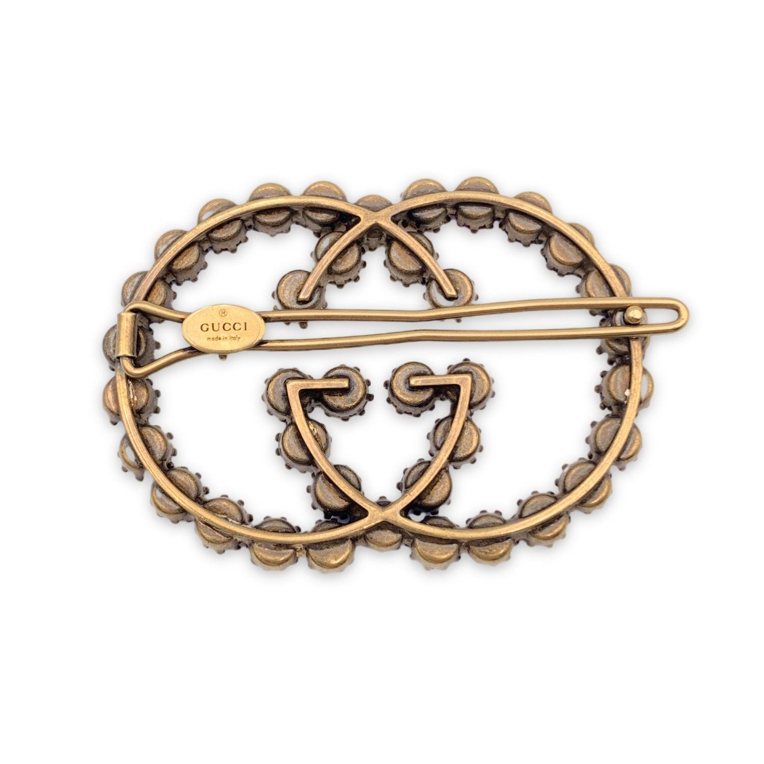 Gucci Gold Metal Multicolor Crystals GG Logo Hair Clip In Excellent Condition In Rome, Rome
