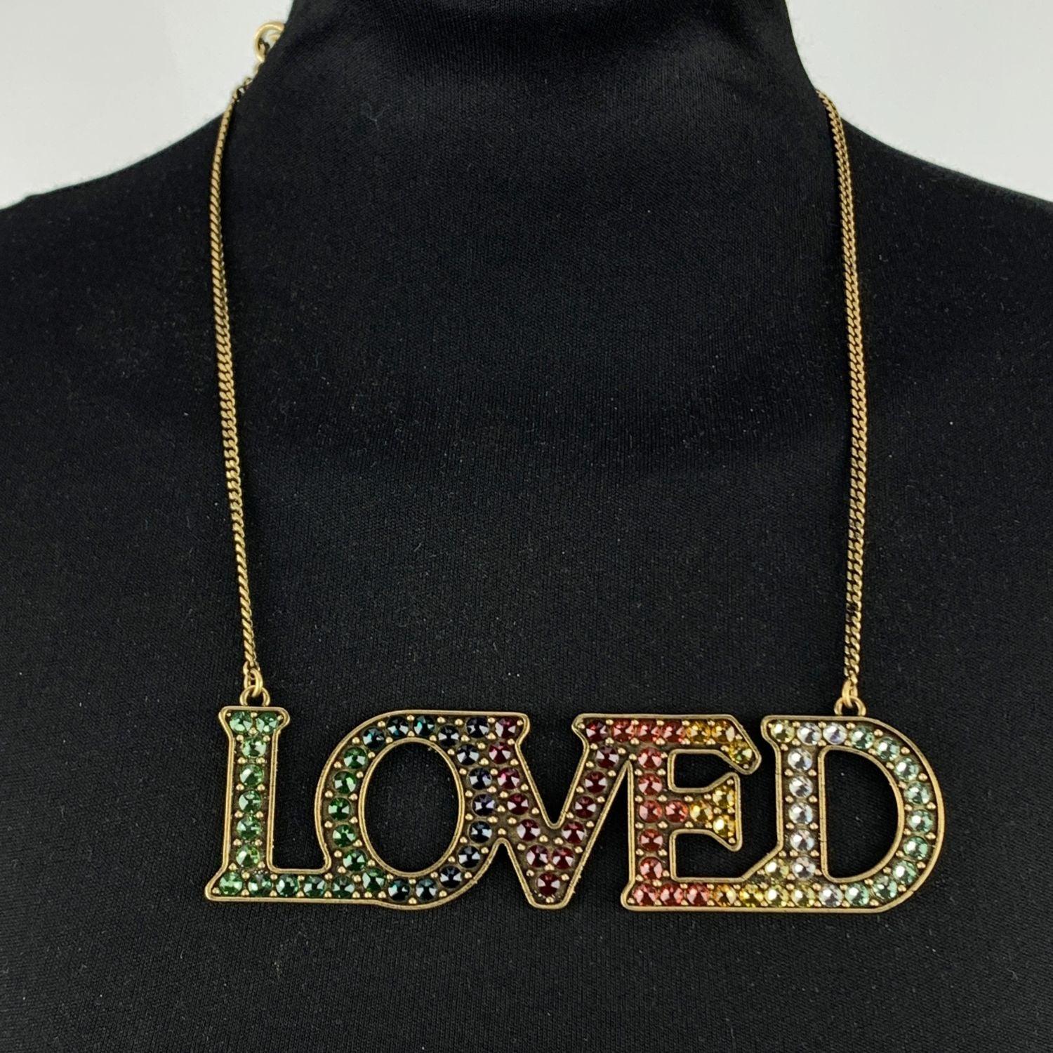 Women's Gucci Gold Metal Necklace with Loved Pendant Multicolor Crystals For Sale