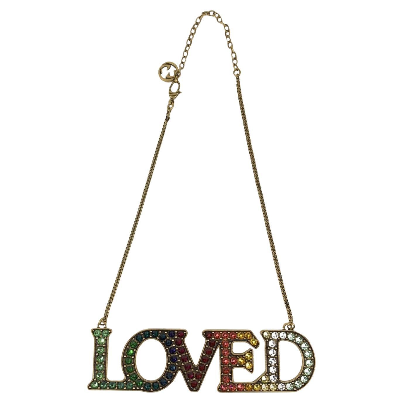 Gucci Gold Metal Necklace with Loved Pendant Multicolor Crystals For Sale