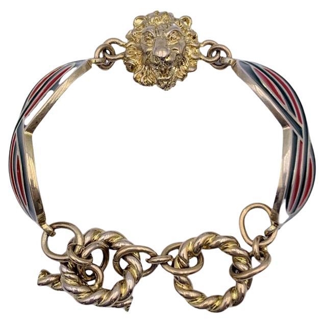 Gucci Gold Metal Red Green Enamel Lion Head Toggle Chain Bracelet For Sale