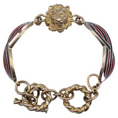 Gucci Gold Metal Red Green Enamel Lion Head Toggle Chain Bracelet