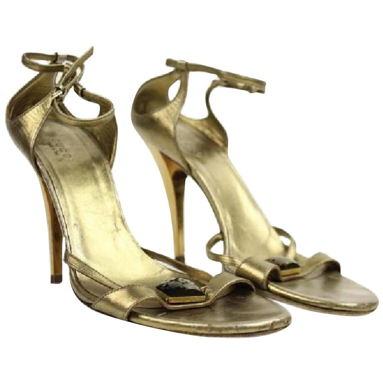 Gucci Gold Metallic Ankle Strap Heeled Sandals with Lbslm85 Bronze ...
