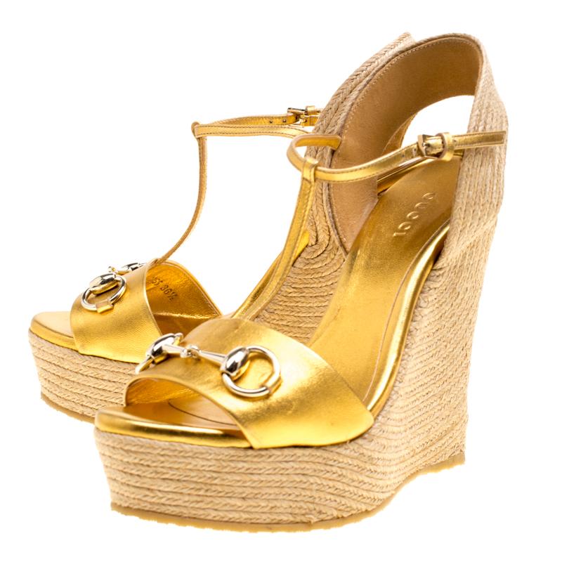 Gucci Gold Metallic Leather Horsebit T-Strap Espadrille Wedge Sandals Size  36.5 at 1stDibs | gucci gold wedges, gold gucci wedges, gold metallic wedge  sandals