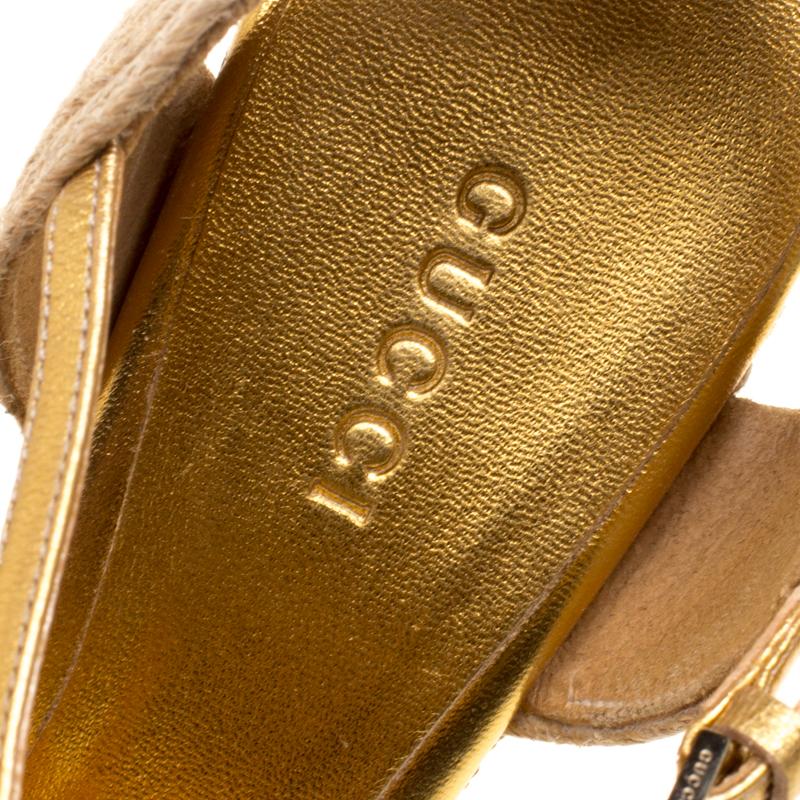 Women's Gucci Gold Metallic Leather Horsebit T-Strap Espadrille Wedge Sandals Size 36.5