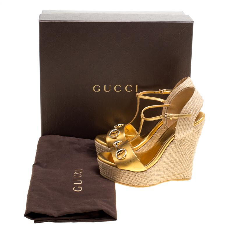 Gucci Gold Metallic Leather Horsebit T-Strap Espadrille Wedge Sandals Size 36.5 1