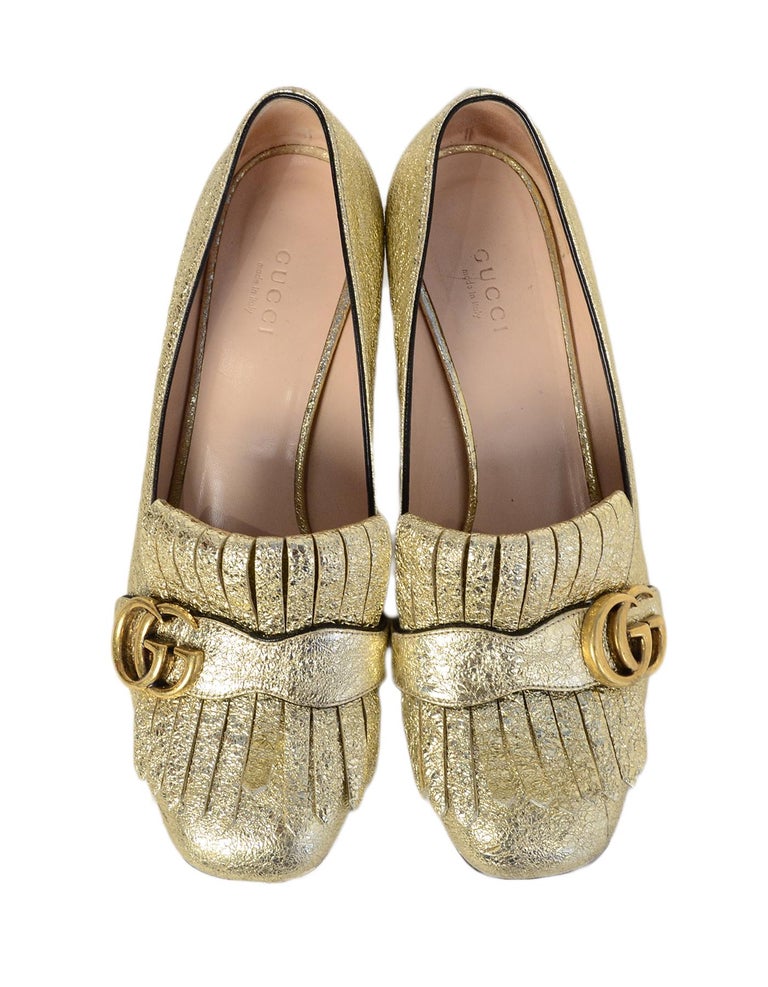 Gucci Gold Metallic Leather Marmont Kiltie Fringe Loafer Heels Sz 38.5 For  Sale at 1stDibs | gucci gold loafer heels, gucci kiltie pumps, gucci kiltie  fringe pump
