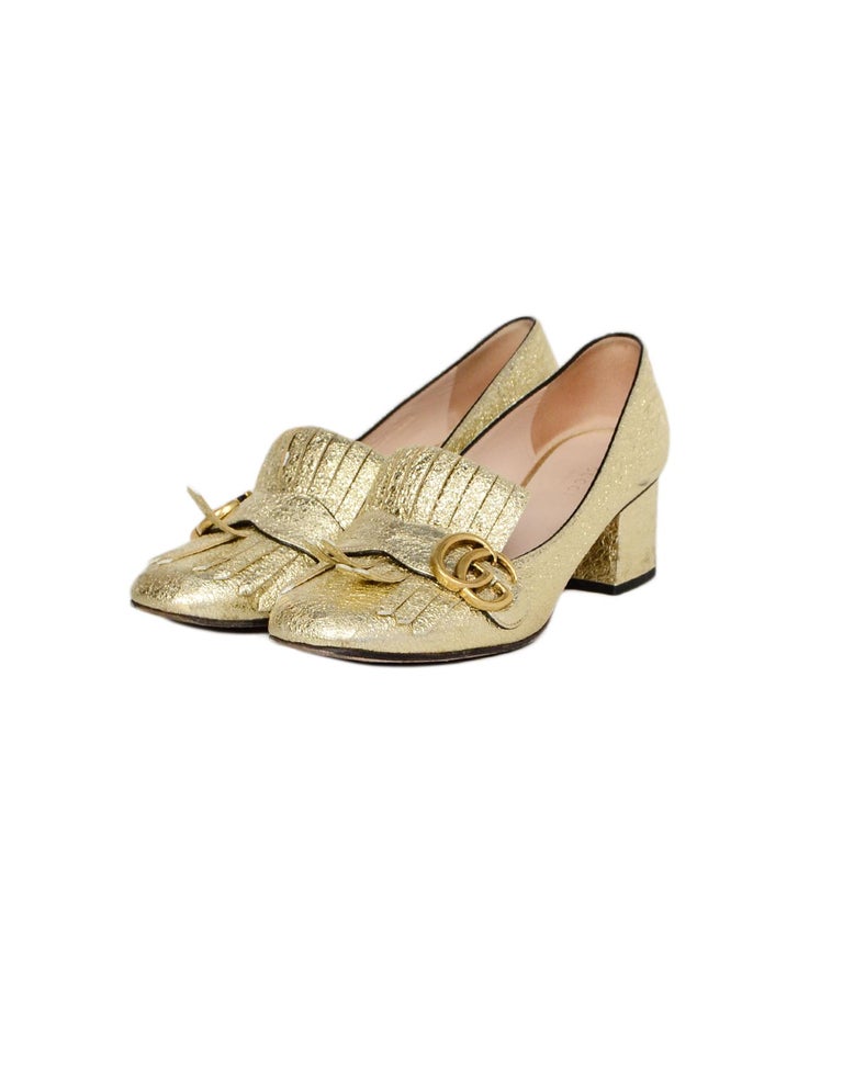 Gucci Gold Metallic Leather Marmont Kiltie Fringe Loafer Heels Sz 38.5 For Sale at 1stdibs