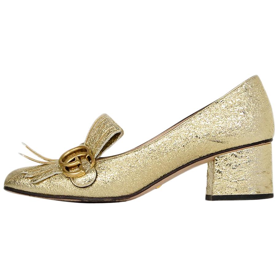 Gucci Gold Metallic Leather Marmont Kiltie Fringe Loafer Heels Sz 38.5