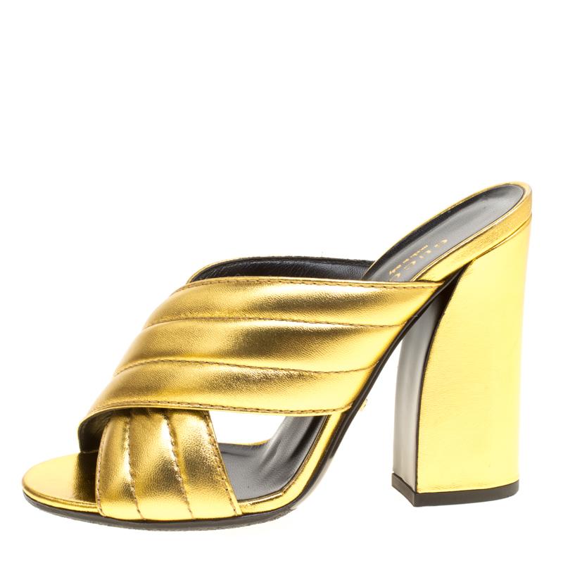 Gucci Gold Metallic Leather Sylvia Crossover Mules Size 37 1