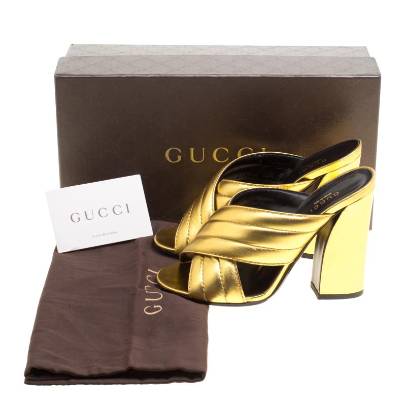 Gucci Gold Metallic Leather Sylvia Crossover Mules Size 37 2