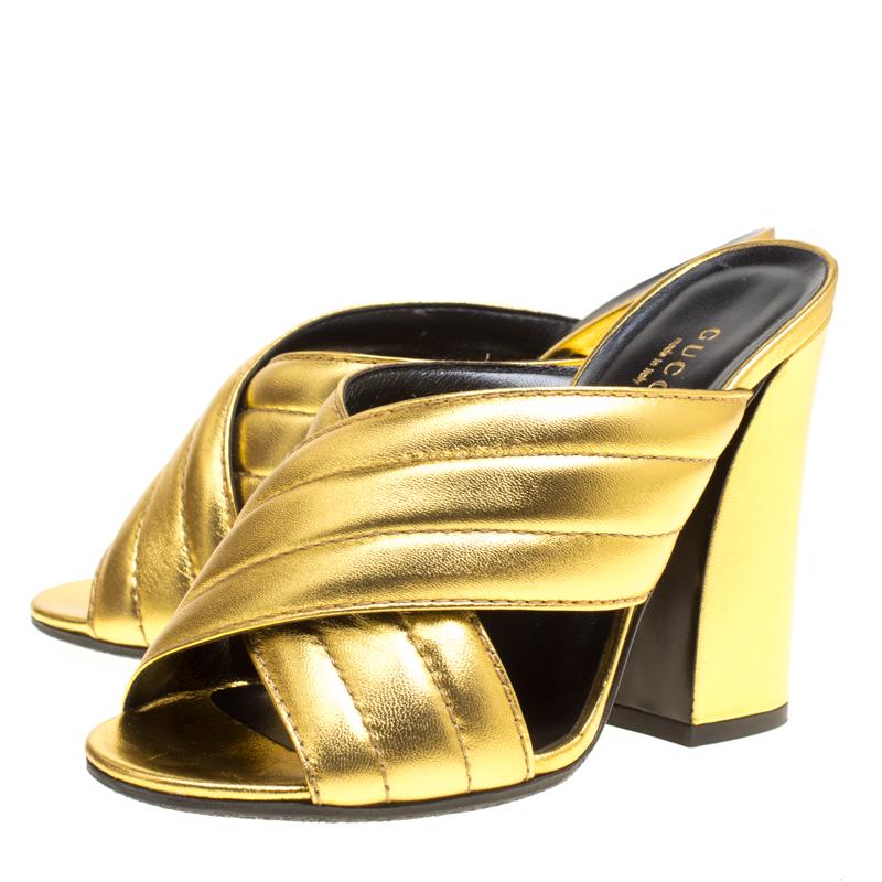 Gucci Gold Metallic Leather Sylvia Crossover Mules Size 37 3