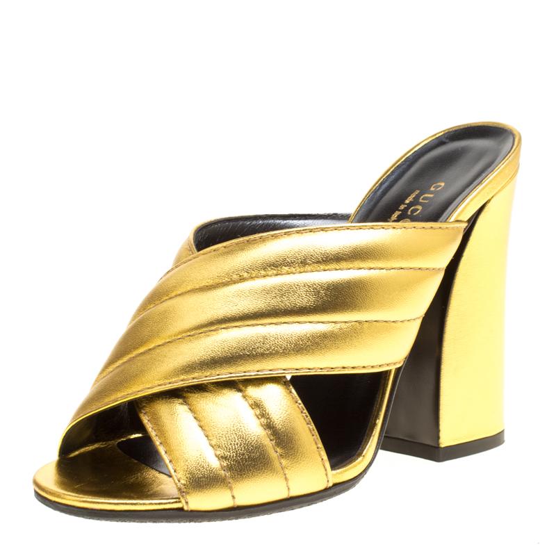 Gucci Gold Metallic Leather Sylvia Crossover Mules Size 37