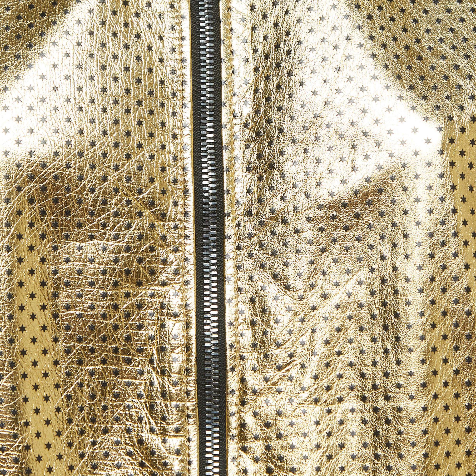 Gucci Gold Metallic Star Print Crinkled Leather Bomber Jacket XS For Sale 1