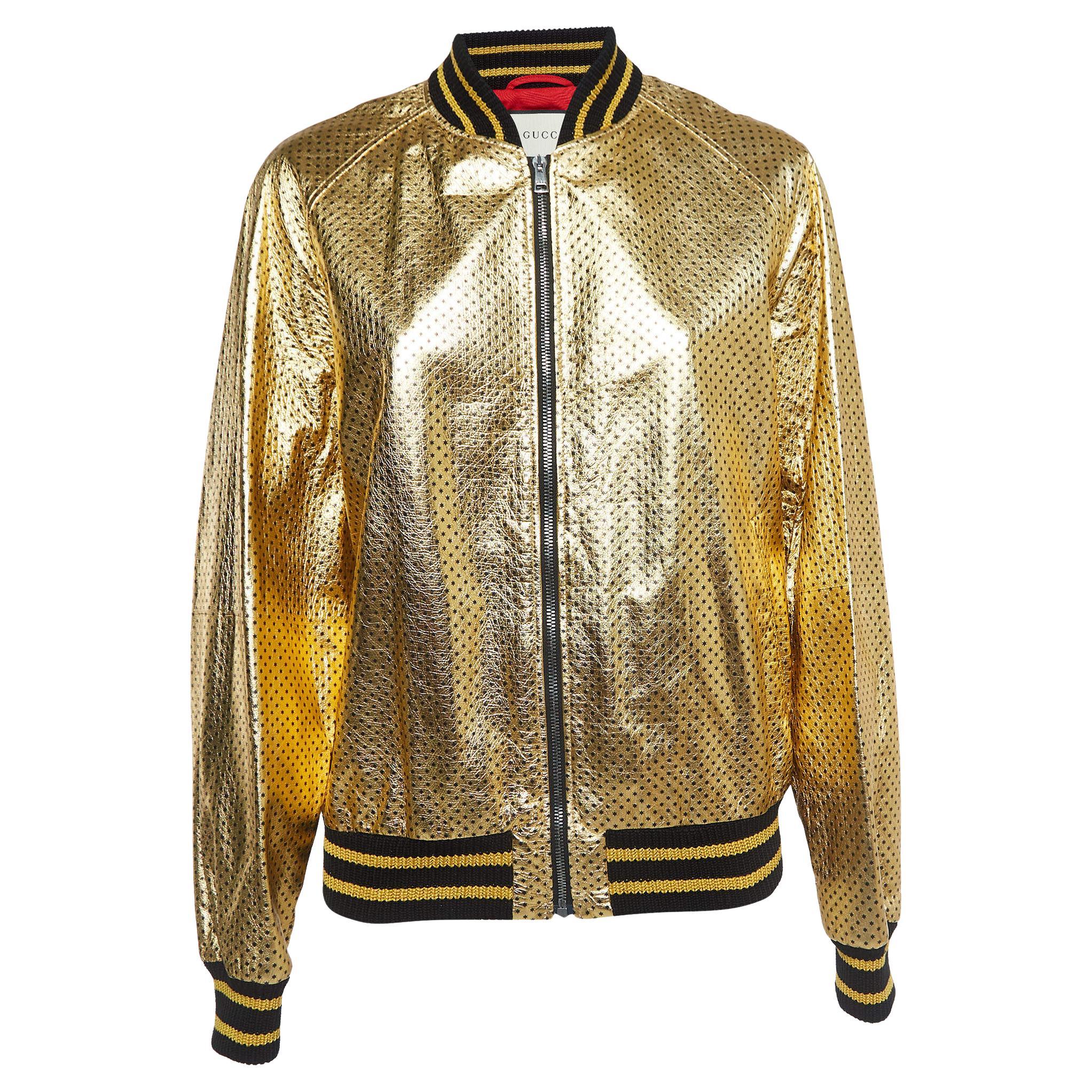 Gucci Gold Metallic Star Print Crinkled Leather Bomber Jacket XS For Sale
