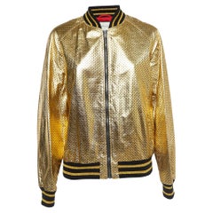 Used Gucci Gold Metallic Star Print Crinkled Leather Bomber Jacket XS