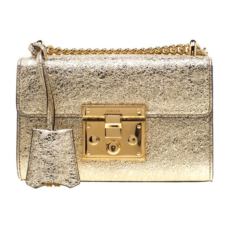 Gucci Gold Metallic Textured Leather Small Padlock Shoulder Bag For ...