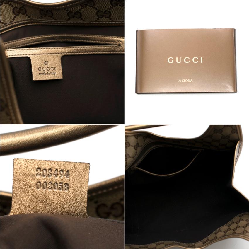 Gucci Gold Monogram Joy Shoulder Bag

- Double Handle 
- Fold Over Hook Closure
- Internal Zip Pocket 
- Round Bottom 
- Gold Tone Leather Outer 
- All Over Monogram 

Made in Italy 

Please note, these items are pre-owned and may show signs of