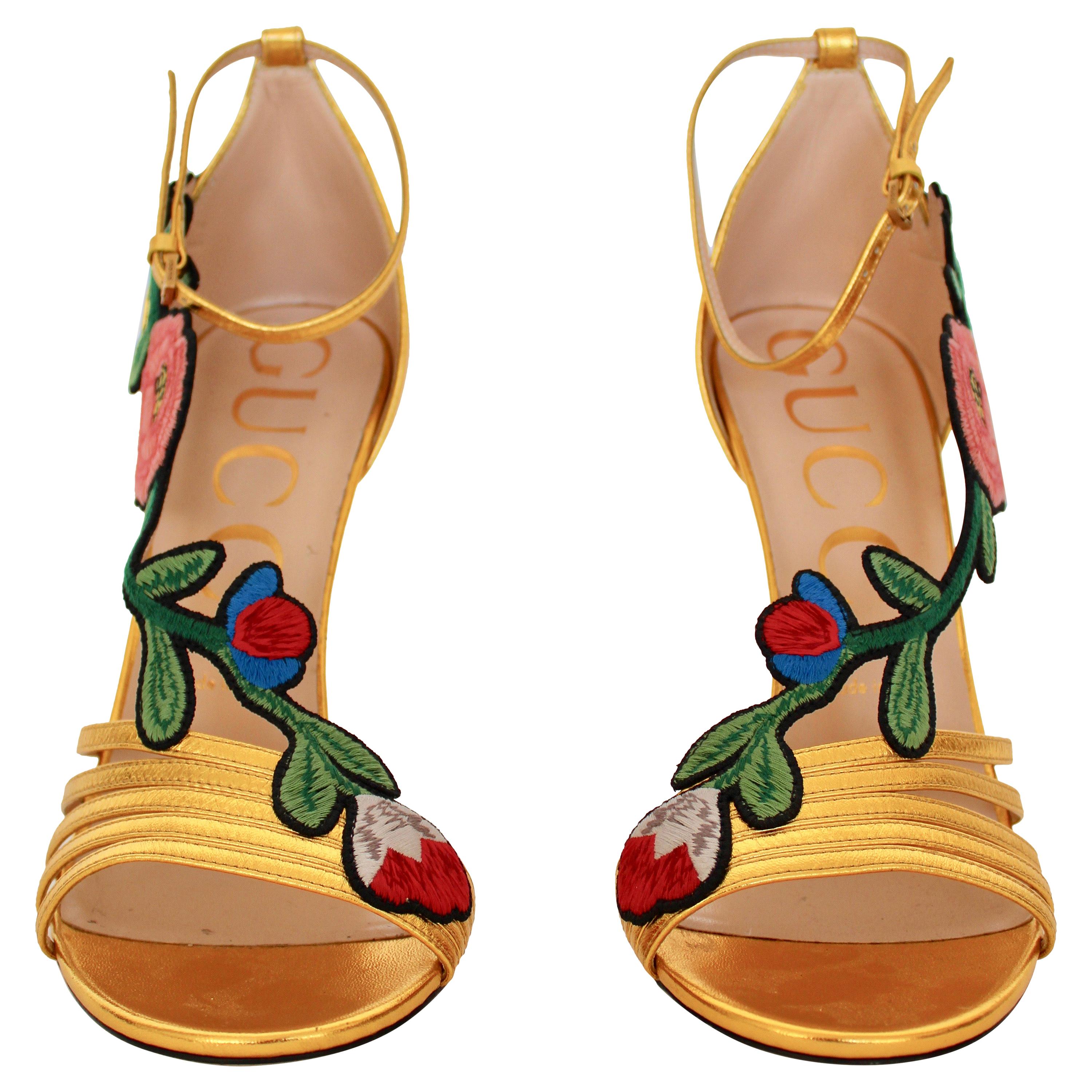 Gucci  Gold Ophelia Floral Embroidered Sandals For Sale