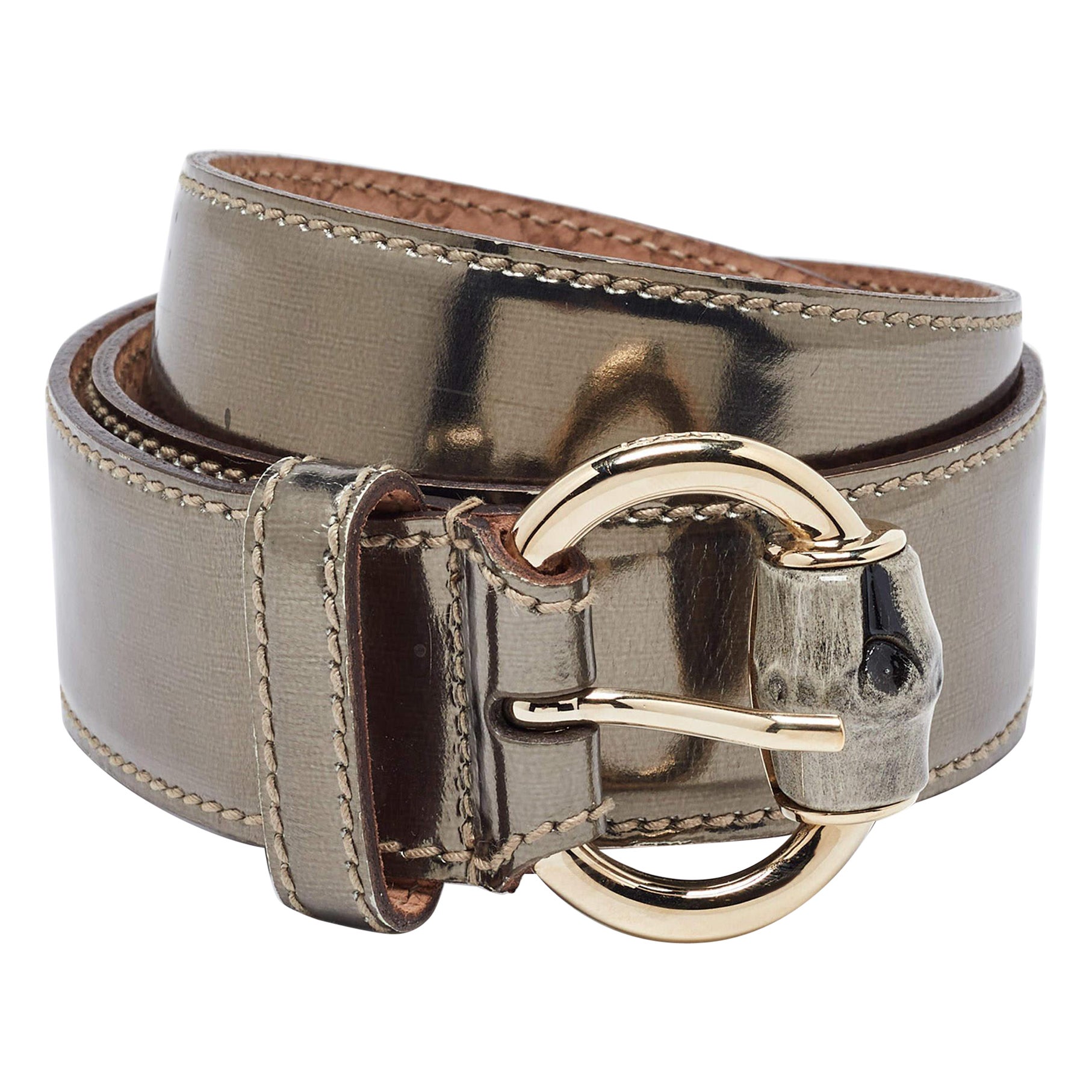 Gucci Gold Patent Leather Bamboo Buckle Belt 85CM