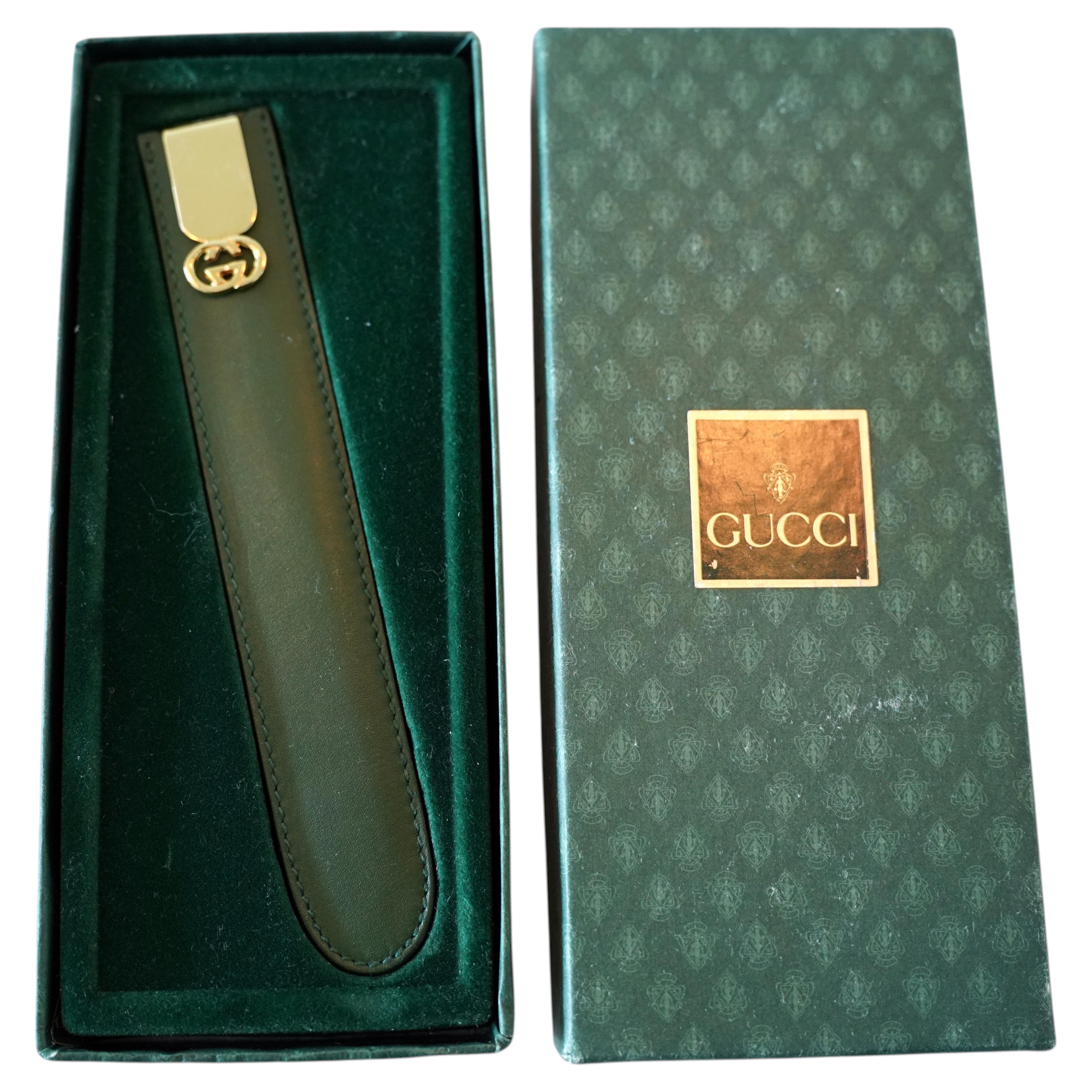 Gucci Gold-Plated Letter Opener with Green Leather Case in Original Box