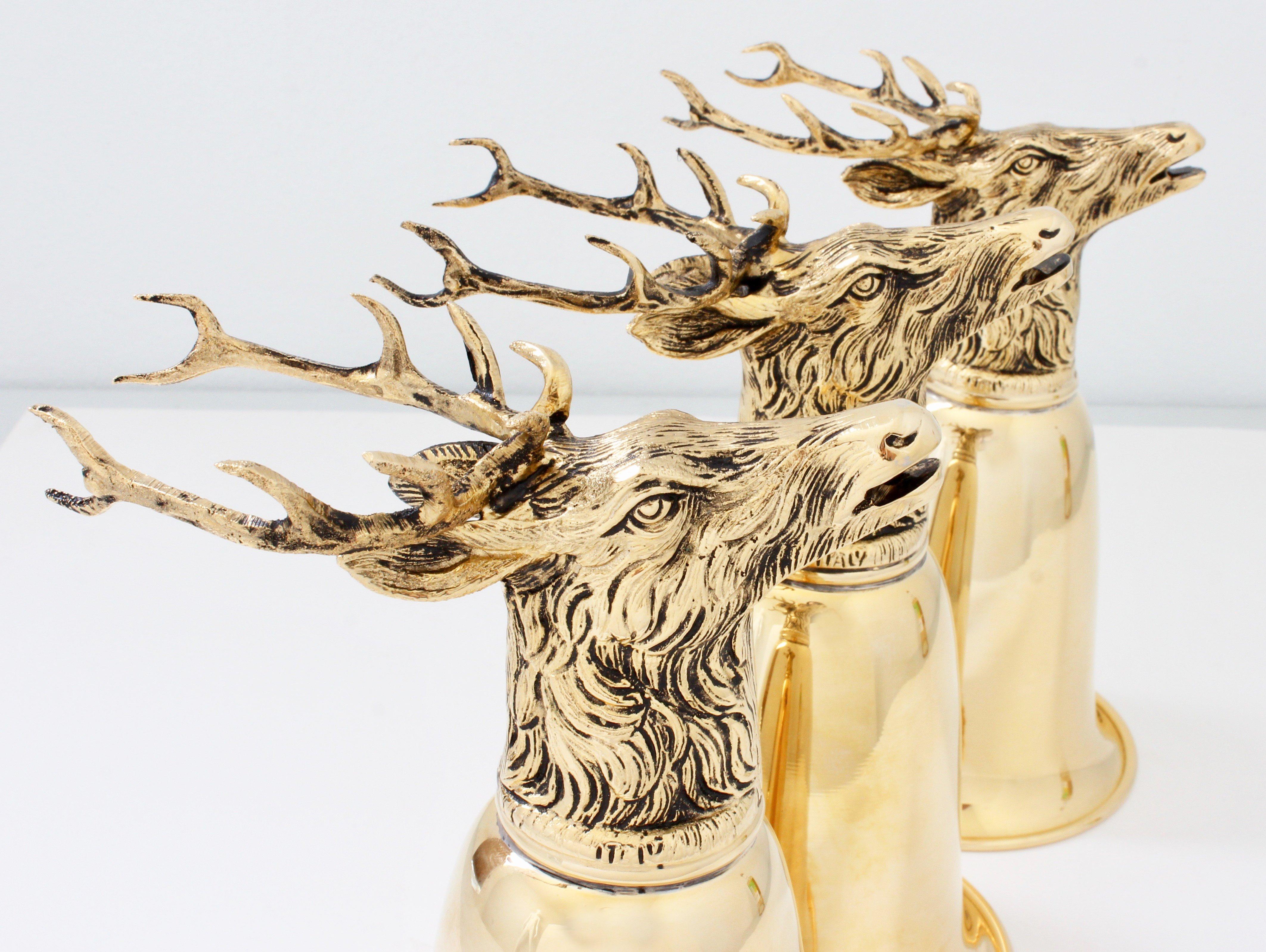 Gucci Gold Plated Stag Goblets Cocktail Cups Barware Set 3pc in Box Rare 80s 3