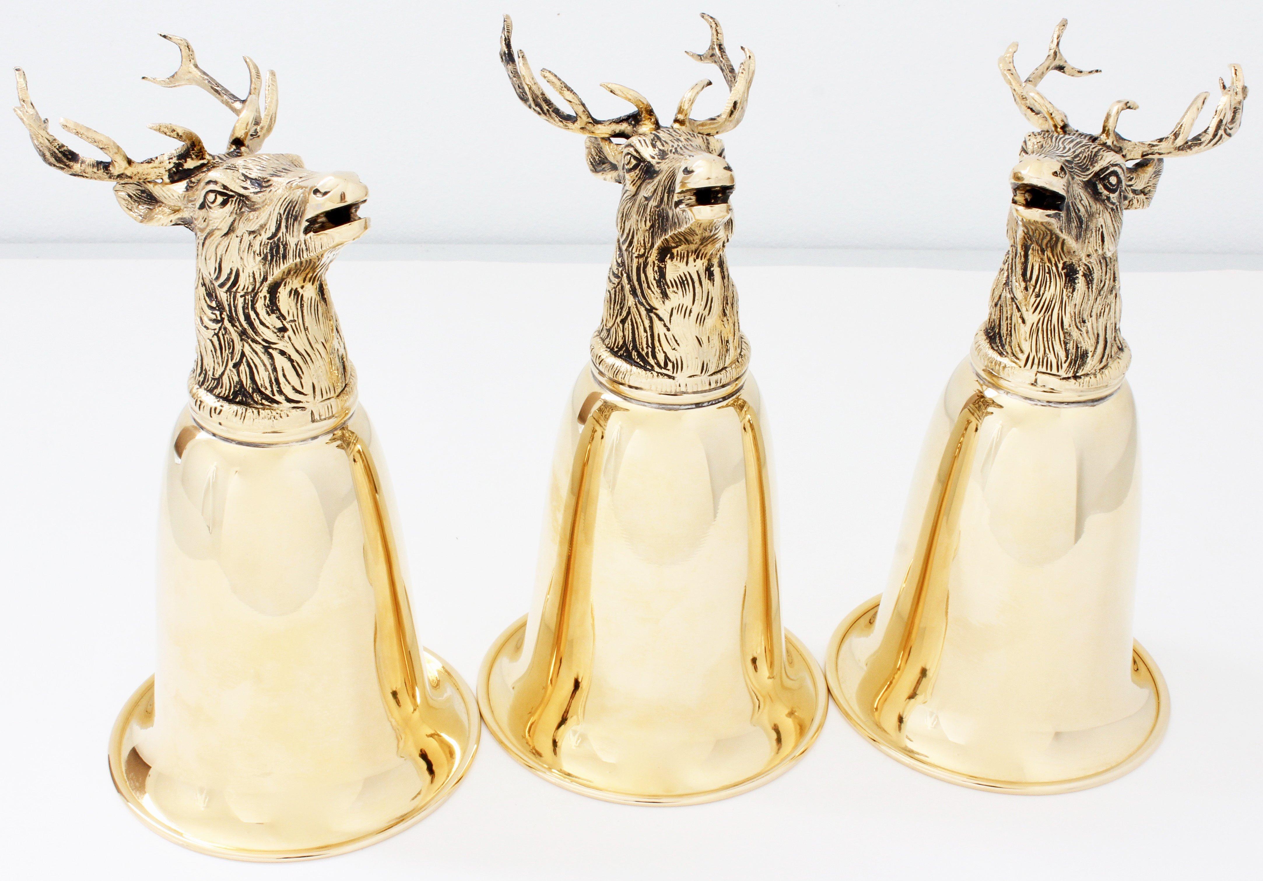 Entertain in high style with this whimsical three-piece barware set, made by Gucci in the early 1980s. Each goblet or drinking cup features a stag head with antlers as the base and a wide brim at top. Perfect for the collector, interior designer or