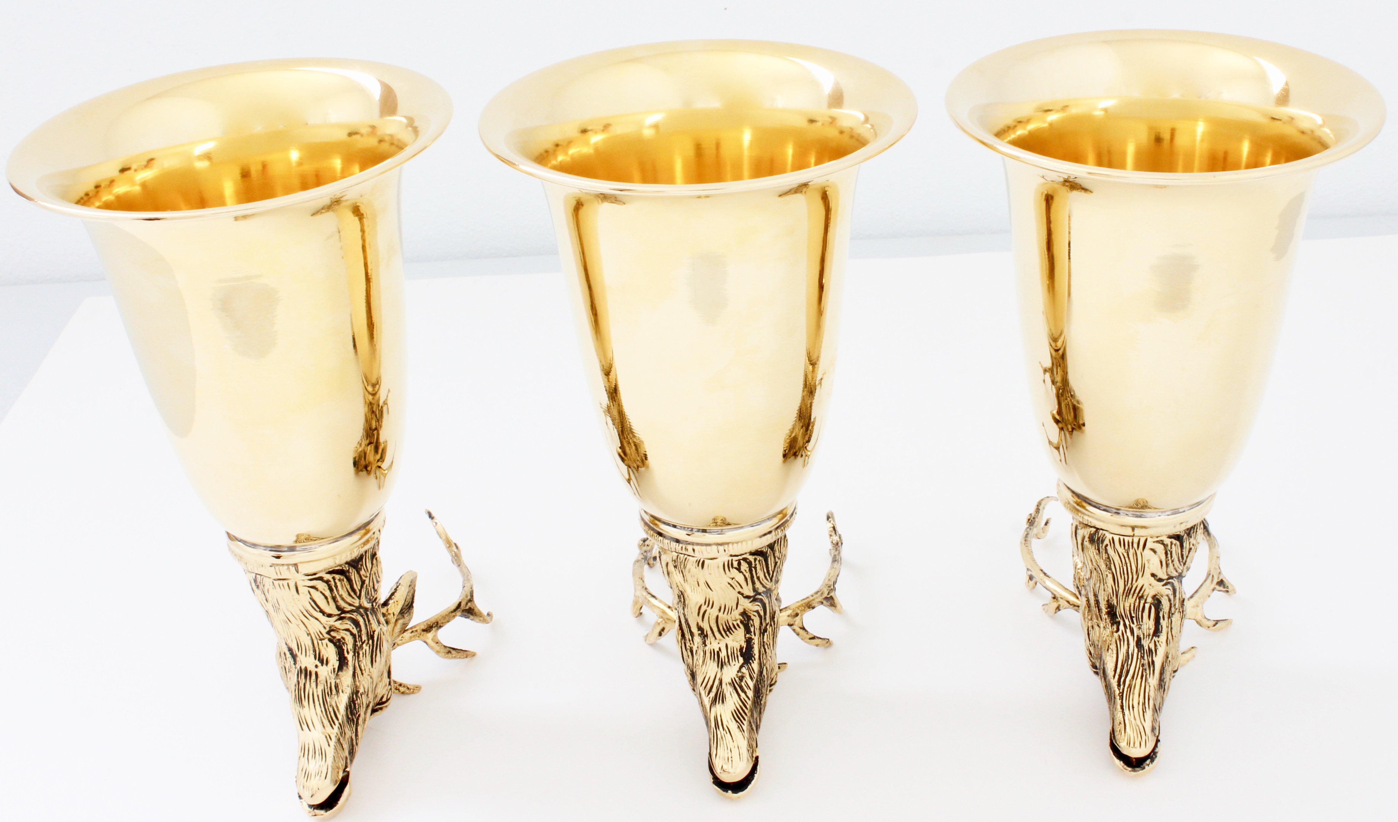 Gucci Gold Plated Stag Goblets Cocktail Cups Barware Set 3pc in Box Rare 80s In Good Condition In Port Saint Lucie, FL