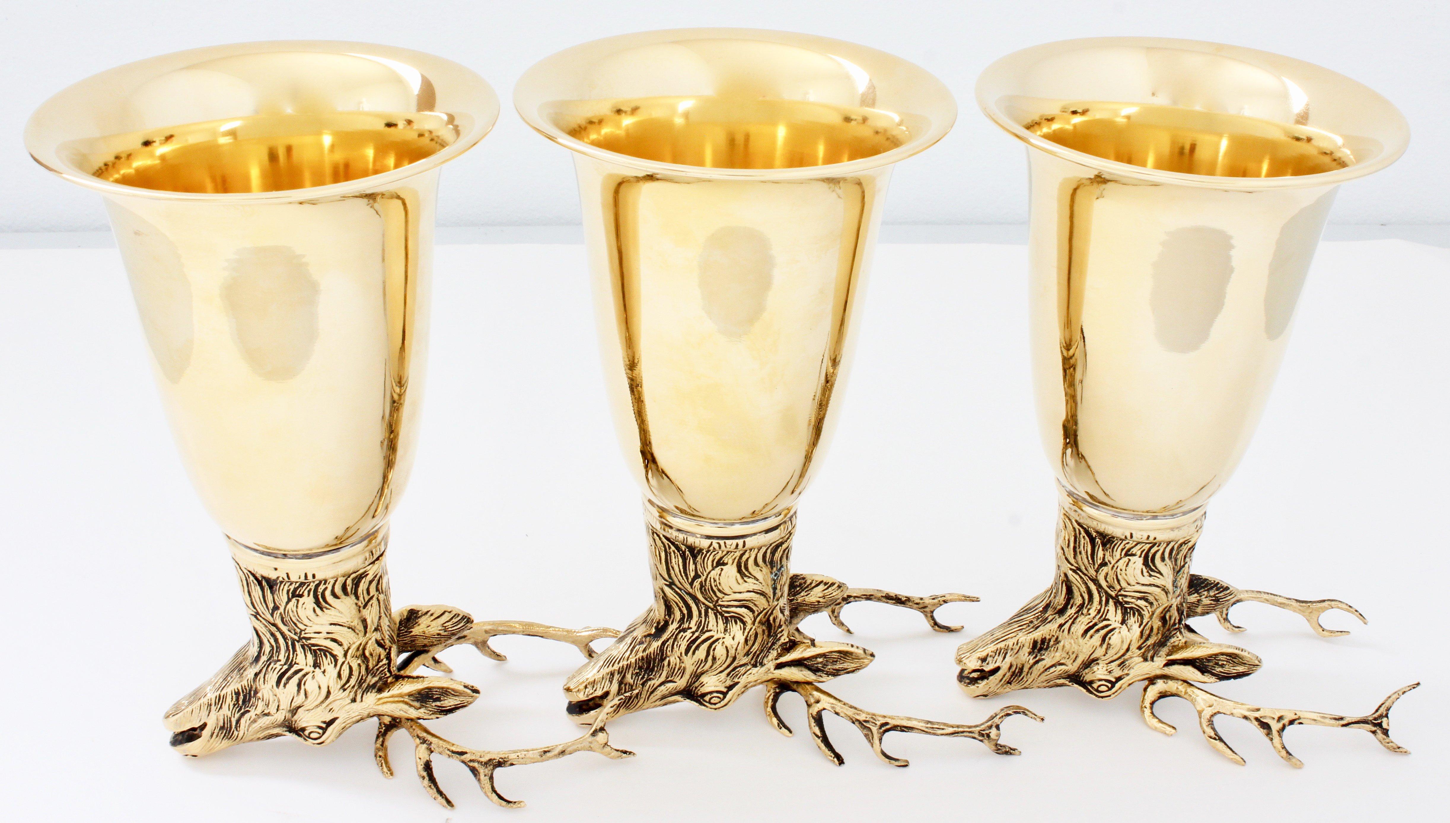 Women's or Men's Gucci Gold Plated Stag Goblets Cocktail Cups Barware Set 3pc in Box Rare 80s