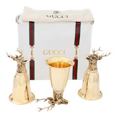 Vintage Gucci Gold Plated Stag Goblets Cocktail Cups Barware Set 3pc in Box Rare 80s