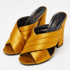 Gucci Gold Satin Webby Cross Strap Slide Sandals Size 39.5