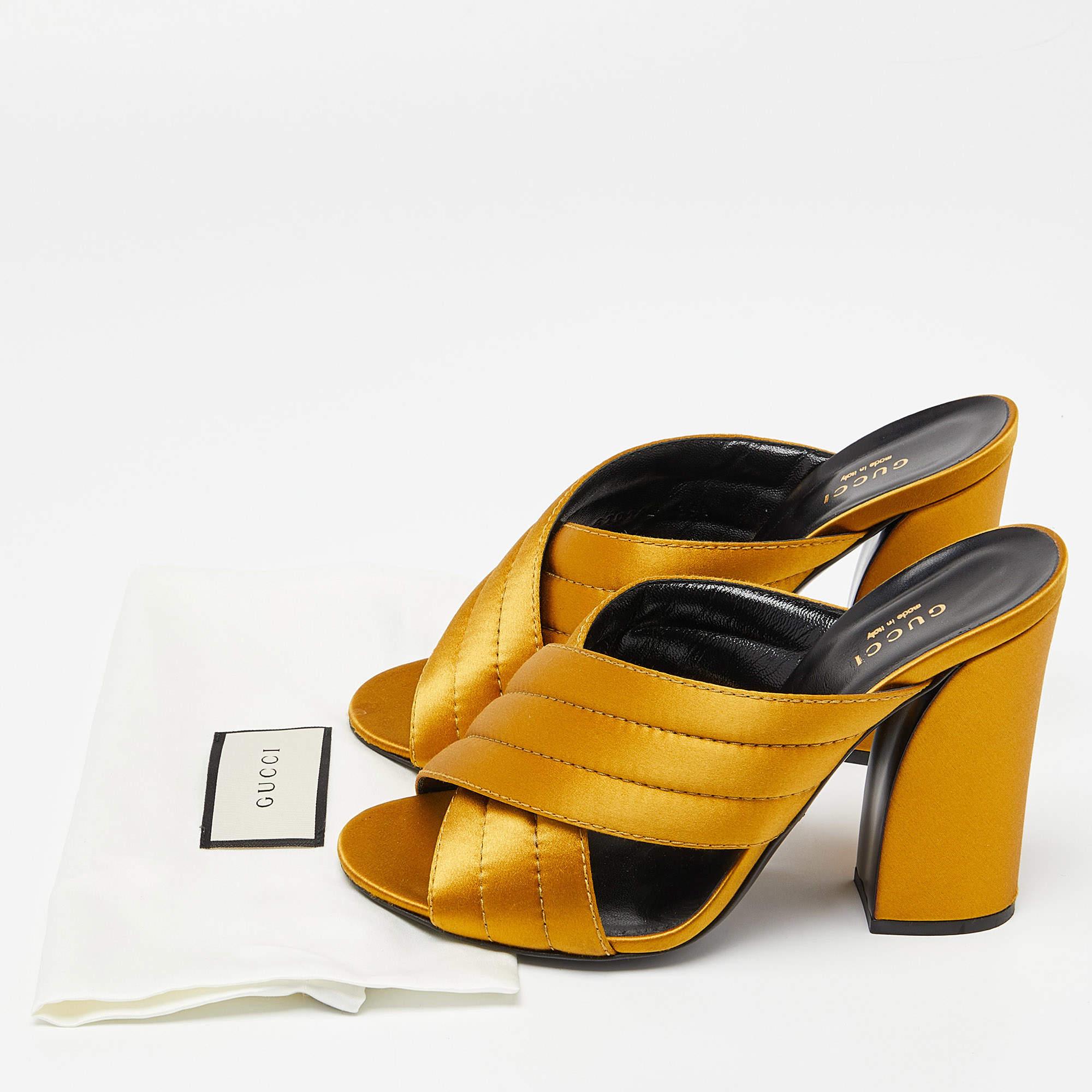Gucci Gold Satin Webby Cross Strap Slide Sandals Size 39.5 5