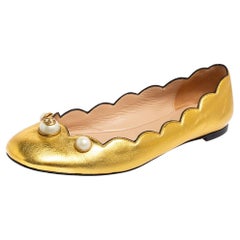 Gucci Gold Scalloped Leather Faux Pearl Embellished Flats Size 37