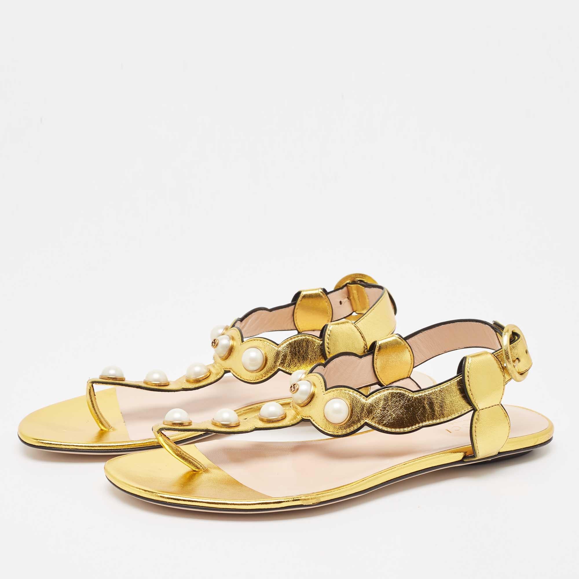 Gucci Gold Scalloped Leather Faux Pearl Embellished Thong Flat Sandals Size 38 1
