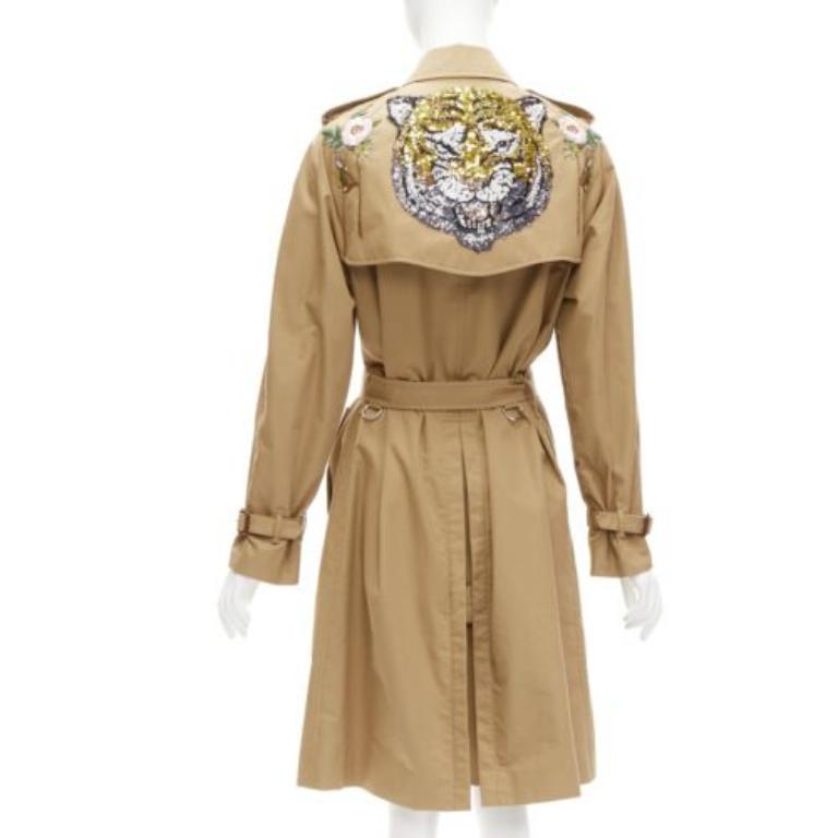 GUCCI gold sequins tiger flower embroidery beige belted trench