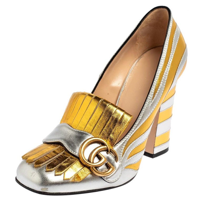 Gucci Gold/Silver Leather Marmont Zebra Print Pumps Size 37 at 1stDibs