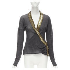 GUCCI gold silver sequins webbing wrap front grey cotton top S