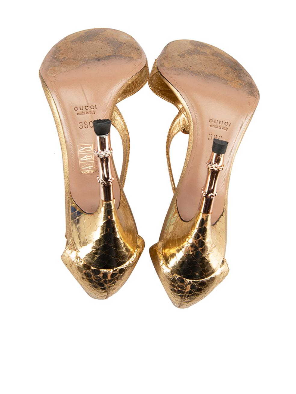 Women's Gucci Gold Snakeskin Snake Head Heeled Sandals Size IT 38