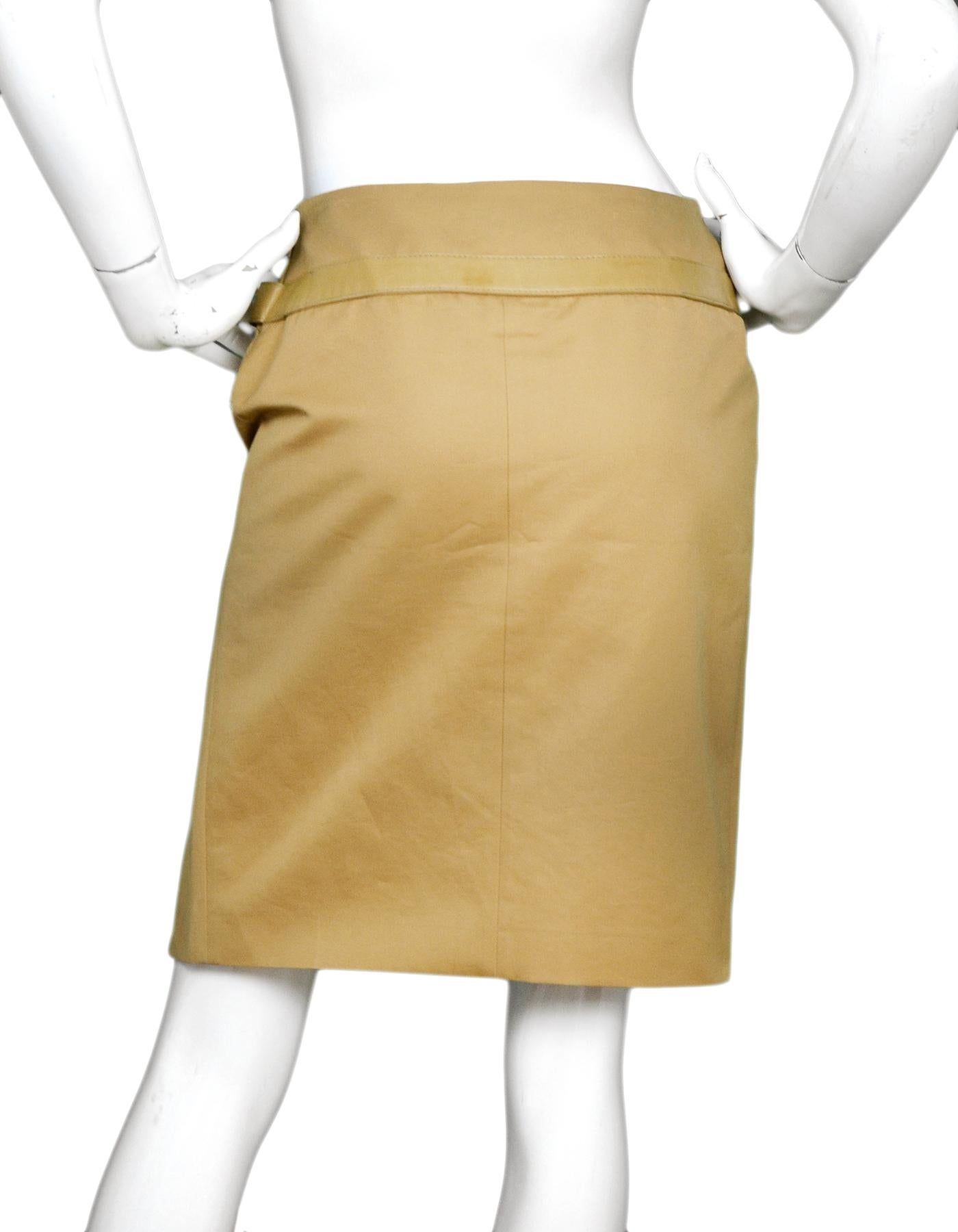 Brown Gucci Gold/Tan Cotton Pencil Skirt W/ Side Slit & Leather Trim Sz 40