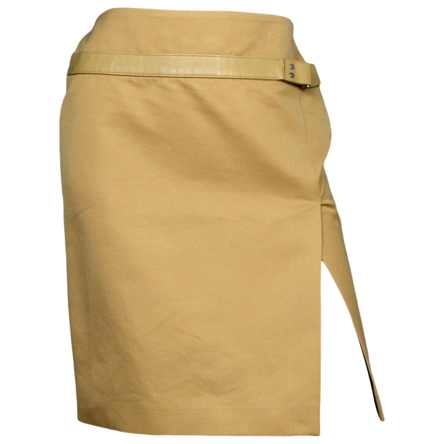Gucci Gold/Tan Cotton Pencil Skirt W/ Side Slit & Leather Trim Sz 40