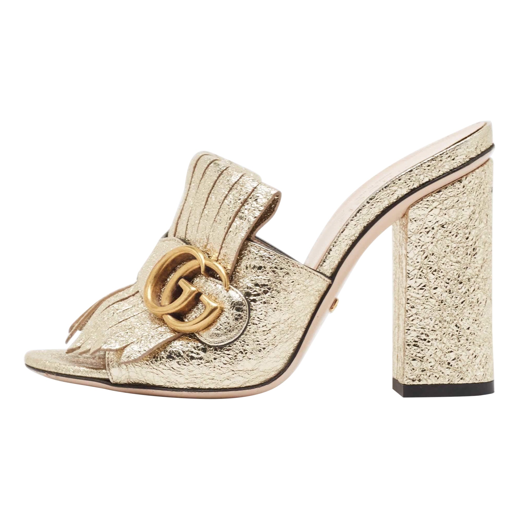 Gucci Gold Texture Leather GG Marmont Sandals Size 35.5